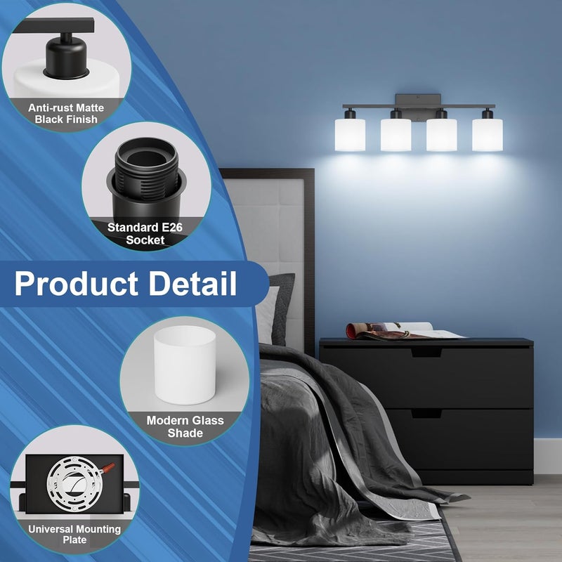 Dekang Black Vanity Lights for Bathroom, Anti-rust 4-Light Bathroom Light Fixtures Over Mirror, Modern 24Inches Wall Sconces, Eye-caring Milky White Glass Shades, Standard E26 Base, Bulbs Not Included - Image 4